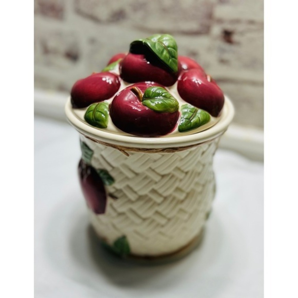 Vintage Franciscan Apple Basketweave Cookie Jar Ceramic Fruit Canister Lid